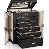 AKOZLIN Jewelry Box Organizer Functional Leather Jewelry Storage Case for Women Girls Ring Necklace Earring Bracelet Holder Organizer with Mirror Black