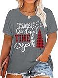 Plus Size Christmas Tops Women Merry Christmas Shirt Xmas Buffalo Plaid Tree T-Shirt Oversized Graphic Tee Light Grey