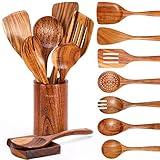 Mooues 9 Piece Natural Teak Wooden Kitchen Utensil Set with Spoon Rest - Comfort Grip Cooking Spoons and Utensils Holder