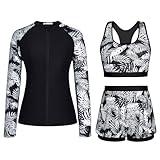 3 Piece Plus Size Swimsuits for Women UPF 50+ Sun Protection Long Sleeve Running Shirts Women Grey White Leaves XXL