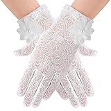 Yolev Ladies Floral Lace Gloves, Elegant Short Gloves, Stretchy Summer Sun UV Protection, Touch Screen, White, Size 56-58cm/22-22.83inch