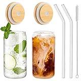 WISIMMALL Drinking Glasses with Bamboo Lids and Glass Straw 2PCS Set, 16oz Glass Cups with Lids and Straws, Beer Glasses, Iced Coffee Glasses, Soda, Gift 1 Cleaning Brushes