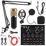 MorTime Condenser Microphone Bundle, Live Sound Card, Adjustable Boom Arm, Shock Mount, Metal Mic Pop Filter, Sponge Pop Filter Cover, Earphone, Audio Cables and Power Cable, Set of 11 Mic Kit