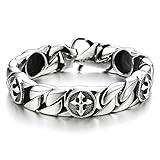 COOLSTEELANDBEYOND Mens Stainless Steel Curb Chain Link Bracelet with Vintage Cross Charms