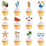 24 Pcs Summer Beach Cupcake Toppers with Ball Sun Umbrella Slippers Surfboard Watermelon Hawaiian Summer Pool Birthday Party Cake Decoration Supplies