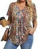 IN'VOLAND Womens Plus Size Tunic Tops Short Sleeve Boho T-Shirts V-neck Summer Dressy Blouse Casual Pleated Pullover 5X