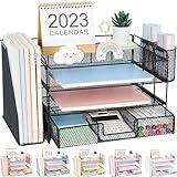 OPNICE Desk Organizer and Accessories, 4-Tier Desktop File Organizer with Drawer and 2 Pen Holders, Office Desk Accessories for Office Supplies(Black)