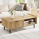 IDEALHOUSE Coffee Table 42.5" Mid Century Modern Center Table with Drawer Fluted Living Room Table with Storage Light Wood Cocktail Table with Open Shelf Rectangle Coffee Table Easy Assembly