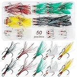 Fishing Round Bend Treble Hooks Feathered, 50pcs Dressed Flash Teaser Treble Hooks Triple Barbed Hooks Kit Fishing Lure Baits Tackle