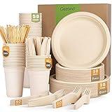 Gezond 350pcs Compostable Paper Plates Set Eco-friendly Heavy-duty Disposable Paper Plates Cutlery Includes Eco-friendly Plates, Forks, Knives, Spoons, Cups and Straws for Wedding Party, 50 Guests