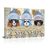 iLOOKLiKE Personalized Salon Sign with Name Wall Art Blue Dog Canvas Prints Custom Vintage Dog Grooming Hairstyle and Reading Magazines Giclee Poster Home Decor for Beauty Shop Groomer
