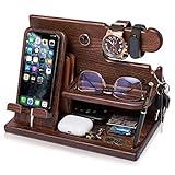 TESLYAR Wood Phone Docking Station for Men - Desk Accessories & Workspace Organizer - Nightstand Organizer - Birthday Gifts for Men or Dad - Idea for Anniversary - Key Holder - Stand Watch (Brown)