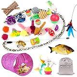 MIBOTE 28Pcs Cat Toys Kitten Toys Assorted, Cat Tunnel Catnip Fish Feather Teaser Wand Fish Fluffy Mouse Mice Balls and Bells Toys for Indoor Cat Puppy Kitty Interactive Cat Toy Set