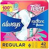 Always Radiant Teen Feminine Pads with FlexFoam, Size 1, Regular, with Wings, Unscented, 42 CT