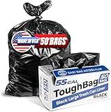 ToughBag 55 Gallon Trash Bags, 55-60 Gallon Trash Bags Heavy Duty (50 COUNT) - Large Black Trash Can Liners, 50-60 Gal for Contractors, Commercial, and Lawn - Made in USA