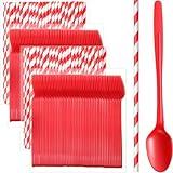 Potchen 200 Sets/400 Pcs 8.27 Inch Sundae Spoons and Red Paper Straws Heavy Duty Plastic Utensils Party Supply for Ice Cream,Milkshakes,Stirring Cocktails and Tall Ice Beverages