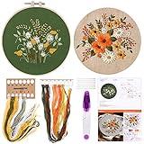 FEPITO 2 Sets Full Range Embroidery Starter Kit with Pattern and Instructions Cross Stitch Kit Includes 2 Pcs Embroidery Clothes with Floral Pattern, 1 Pcs Plastic Embroidery Hoops, 1 Pcs Scissor