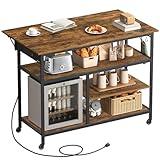 VASAGLE Kitchen Island with Drop Leaf, 47.2" Width Rolling Kitchen Cart with Power Strip, Extendable Worktop, Workbench,Pegboard, Adjustable Shelf, Rustic Brown and Ink Black UKKI013K01