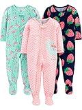 Simple Joys by Carter's Baby Girls' 3-Pack Loose Fit Flame Resistant Polyester Jersey Footed Pajamas, Dinosaur/Flamingo/Strawberry Print, 12 Months