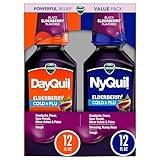 VICKS DayQuil & NyQuil Elderberry Flavor Cold & Flu Liquid Medicine Co-Pack, Multi-Symptom Relief of Headache, Fever, Sore Throat, Minor Aches & Pains, Sneezing, Runny Nose, and Cough, 2x12oz