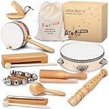 Stoie's Wooden Kids Musical Instruments for 3-9 Years Old, with Drum, Hand Bells, Flute, Maracas, Castanet, Tamburine, for Babies and Toddlers, Durable, Safe, Montessori Educational Toy, Storage Bag
