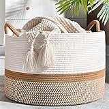 KAKAMAY Large Blanket Basket (20"x13"),Woven Baskets for storage Baby Laundry Hamper, Cotton Rope Blanket Basket for Living Room, Laundry, Nursery, Pillows, Baby Toy chest (White/Brown)