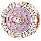 Rose Flower Bloom Charms in Rose Gold, 925 Sterling Silver Pink Enamel with Cubic Zirconia Beads, fits Pandora Valentines Day Bracelet, Gift for Lover/Wife/Easter Day