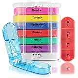 Vive Stackable Pill Organizer Tower with Pill Cutter, Splitter - 7 Days 4 Times A Day - Dispenser for Vitamins, Supplements and Medication - Weekly Stacking Pill Box Container with Travel Case