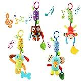 Joyshare 4 PCS Baby Soft Hanging Rattle Crinkle Squeaky Toy - Baby Toys for 0 3 6 9 to 1 Animal Ring Plush Stroller Infant Car Bed Crib Travel Activity Hanging Wind Chime with Teether for Boys Present