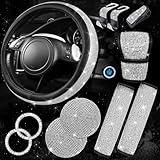 CAR PASS 11 PCS Bling Diamond Car Accessories for Women, Sparkly Rhinestone Steering Wheel Cover, Bling Seat Belt Cushion, Glitter Shift Knob Cover, Car Cup Holder Coaster, Cute Interior Sets Silver