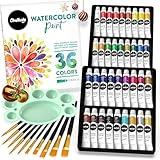 Chalkola Watercolor Paint Set for Adults, Kids, Beginner & Professional Artists - 36 Watercolor Tubes Set (12ml, 0.4oz), 10 Painting Brushes & 1 Palette | Vibrant Water Color Art Painting Supplies