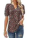 Micoson Womens Summer Pleated Blouses Loose V Neck Puff Short Sleeve Tunic Top for Leggings Floral Navy Blue XL