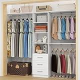 Dilando Closet Organizer System with Drawers, 8FT Closet Shelving System 96" Walk in Wood Corner Closet Storage System with 3 Shelves Custom Hanging Rods Heavy Duty Wall Mount