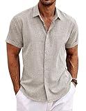 COOFANDY Men's Beach Wedding Shirt Casual Short Sleeve Linen Shirts Button Up Shirt Stone