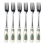 Portmeirion Christmas Tree Pastry Forks (Set of 6), Stainless Steel Forks with Porcelain Handles for Holiday Meals, 6-Inch Festive Christmas Flatware - Seasonal Tableware & Silverware Gift Set