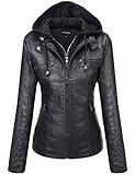 Tanming Women's Removable Hooded Faux Leather Jackets (X-Large, Black)