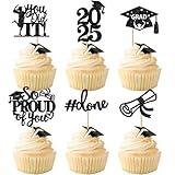 24 Pack Black 2025 Graduation Cupcake Toppers Glitter So Proud of You Done Diploma Grad Cap Cupcake Picks You Did it Cake Decorations for 2025 Graduation Theme Party Decorations Supplies