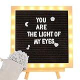 Light up Felt Letter Board Sign with LED Lights - 10 × 10in Changeable Message Board Wall Mounted with Tripod Stand 470 Letters for Birthday Housewarming Gifts Christmas Parties Home Decor Black