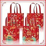 ALIBBON 6 Pcs Happy 2025 Chinese New Year Gift Bags with Handles, 2 Designs Reusable Non-woven Tote Bags, Lunar New Year Grocery Bags Spring Festival Red Bags for Gifts Wrapping Party Supplies 8×8×6"