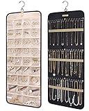 BAGSMART Hanging Jewelry Organizer Storage Roll with Hanger Metal Hooks Double-Sided Jewelry Holder for Earrings, Necklaces, Rings on Closet, Wall, Door, 1 piece, Large, Black