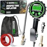 Rhino USA Digital Tire Pressure Gauge with Inflator (0-200 PSI) - Heavy Duty Air Chuck and Compressor Accessories with Stainless Braided Hose, Large 2" Dial and Solid Brass Hardware for Truck and RV