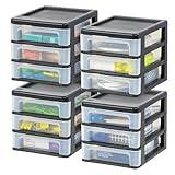 IRIS USA Plastic Stacking Desk Top 3-Drawer Storage Organizer, 4-Pack, for Makep Vanity Nail Polish Bathroom Stationery Art Craft Supplies Kitchen Office Garage and Small Organization, Small, Black