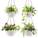 RooTrimmer Hanging Planters for Indoor Outdoor Plants 8/10 Inch, ​4 Packs Plant Hanger with Drainage Holes, Hanging Basket Flower Pot Perfect for Home, Office and Garden,White