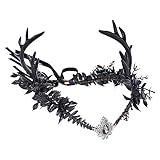 MOSTORY Black Flower Antler Crown - Dark Reindeer Headpiece Gothic Elf Circlet Deer Horns Headband for Women Cosplay Renaissance Goth Wedding Renfaire Accessory