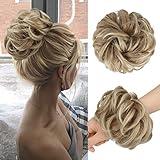 FESHFEN Messy Bun Hair Pieces - Large Wavy Curly Elastic Hair Bun Scrunchies Ponytail Extensions Synthetic Chignon Hairpieces for Women, Mixed Blonde and Ash Blonde Tips 1.94oz