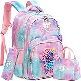 Meetbelify Unicorn Backpack for Girls Backpacks for Elementary School Bag with Lunch Box Kids Cute Tie Dye Backpack Set for Girls Age 6-8