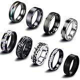 EIELO 9Pcs Stainless Steel Band Rings for Men Women Cool Fidget Spinning Chain Ring Anxiety Relief Fashion Simple Wedding Engagement Black Ring Set