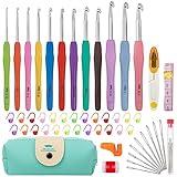 MECHEER Crochet Hooks 12 Sizes Crochet Hook Set, 51 Pack Yarn Crochet Kit for Beginners, Knitting Needles with Ergonomic Handles for Arthritic Hands, Crochet Needle Kit with Blue Case for Crocheters