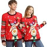 FWV Ugly Christmas Sweater for Women Men,Light up Christmas Sweater,Funny Unisex Reindeer Xmas Ugly Sweater Christmas for Couples L