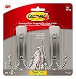 Command Large Brushed Nickel Double Hooks, 2 Hooks and 2 Command Strips, Damage Free Hanging Wall Hooks with Adhesive Strips, Coat Hooks for Hanging Christmas Decorations, Holds up to 4 lb